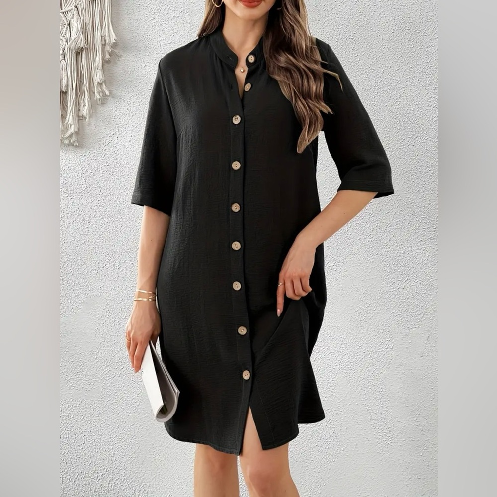 Chic Black Button-Up Shirt Dress XL